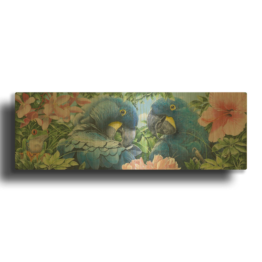 'Blue Macaws' By Durwood Coffey Gold Metal Wall Art
