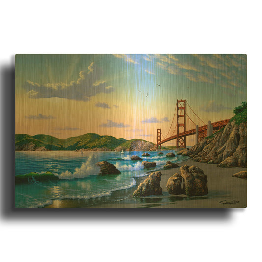 'Golden Gate Sunset, CA 2' By Eduardo Camoes Gold Metal Wall Art