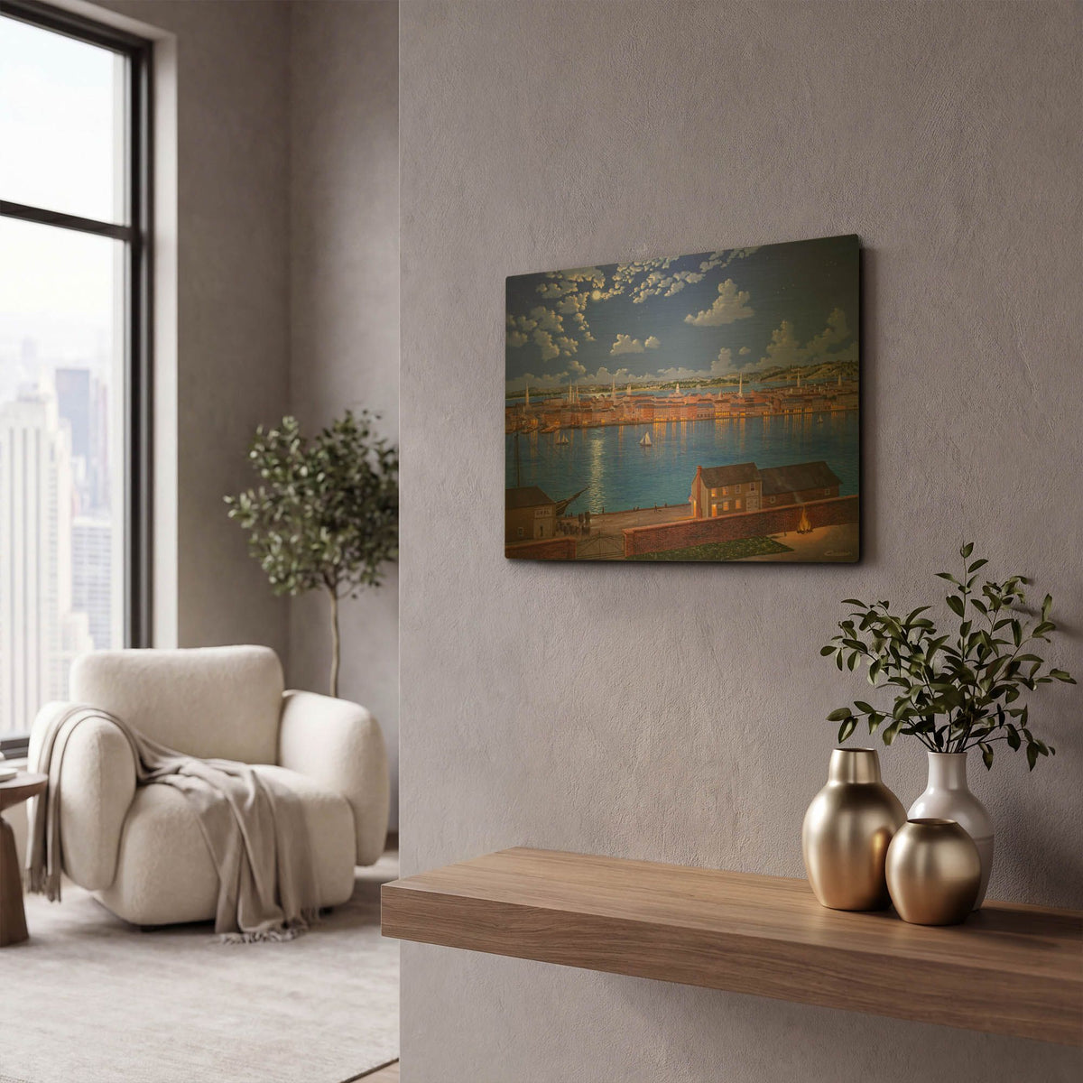 'New York From Brooklyn Heights In 1848' By Eduardo Camoes Gold Metal Wall Art
