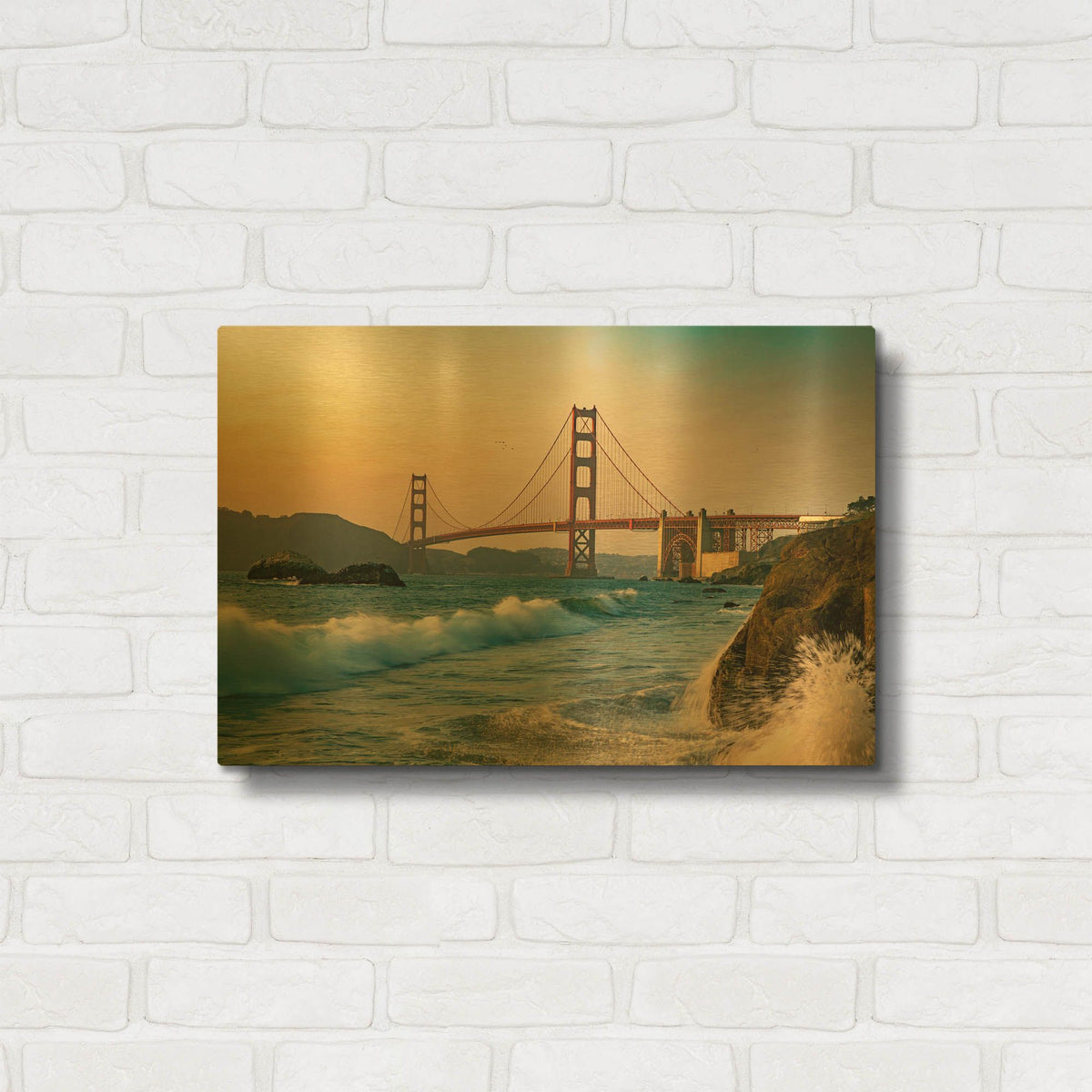 'Golden Gate Bridge Sunset with Wave Action' By AKG Gold Metal Wall Art