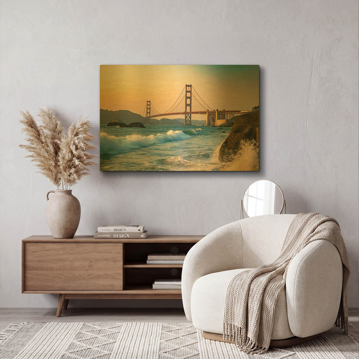 'Golden Gate Bridge Sunset with Wave Action' By AKG Gold Metal Wall Art
