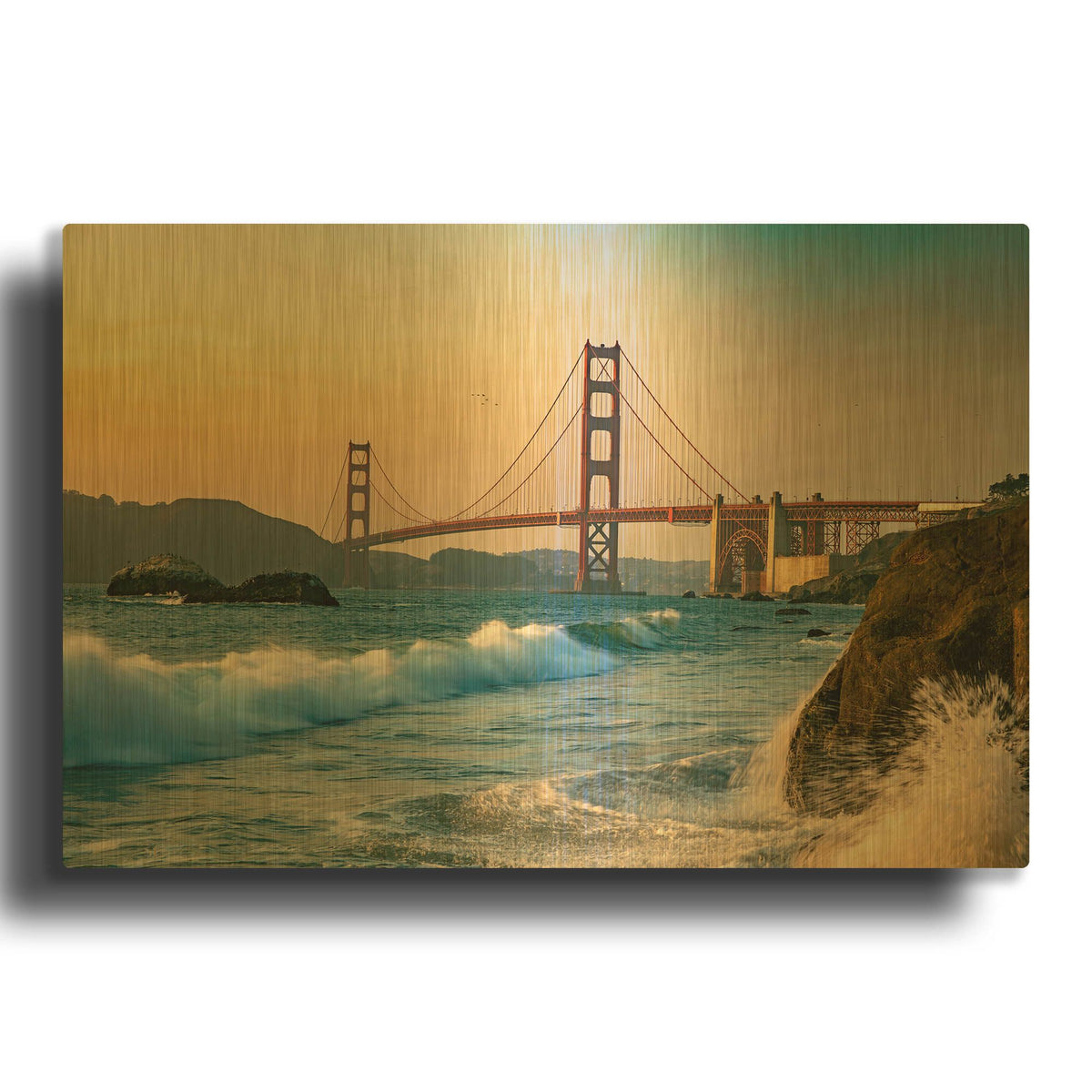 'Golden Gate Bridge Sunset with Wave Action' By AKG Gold Metal Wall Art