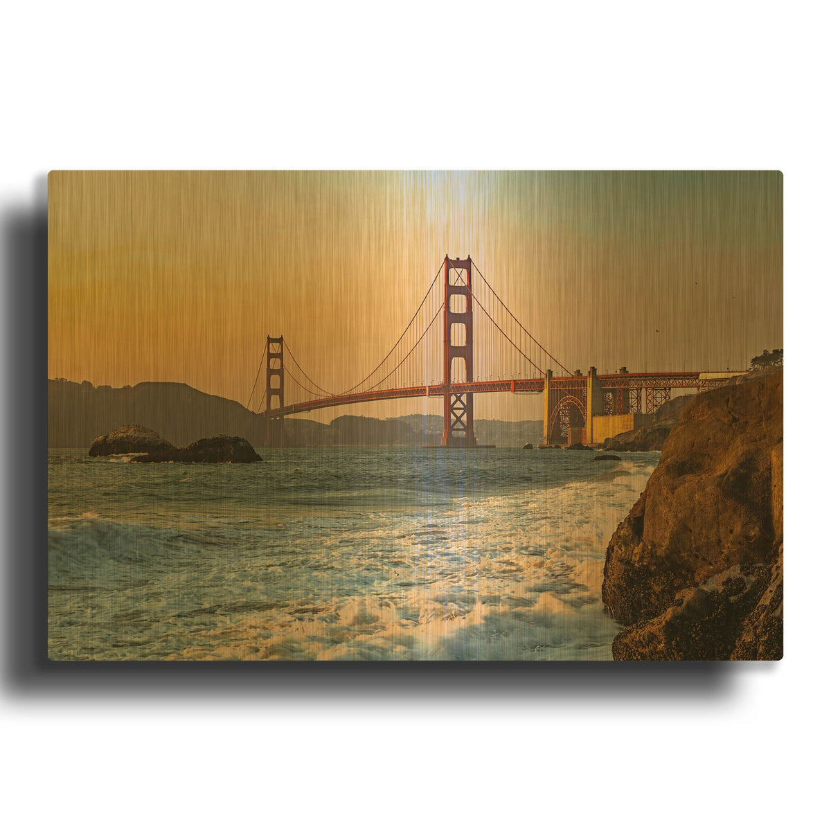 'Golden Gate Bridge Sunset' By AKG Gold Metal Wall Art