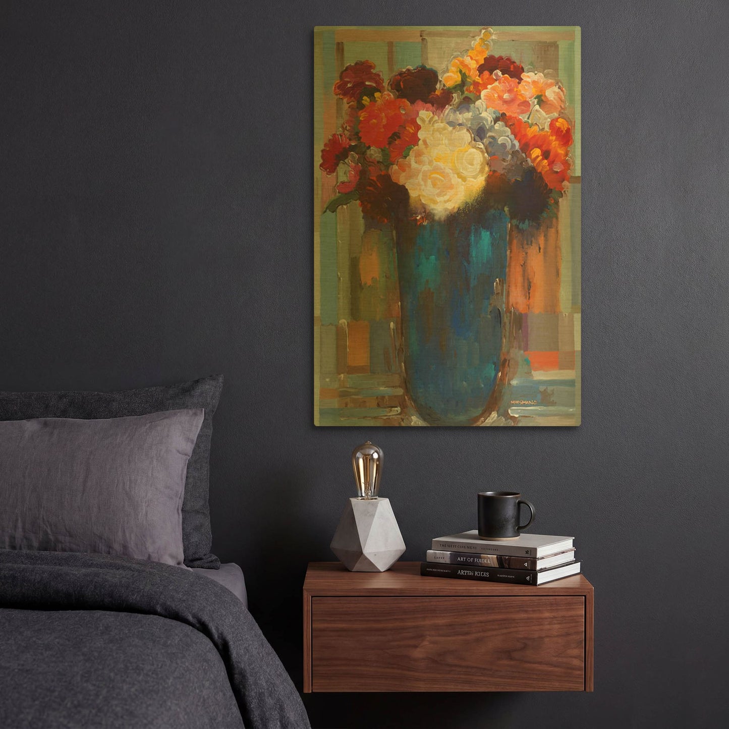 'Flowers in a Blue Vase' By Hooshang Khorasani Gold Metal Wall Art