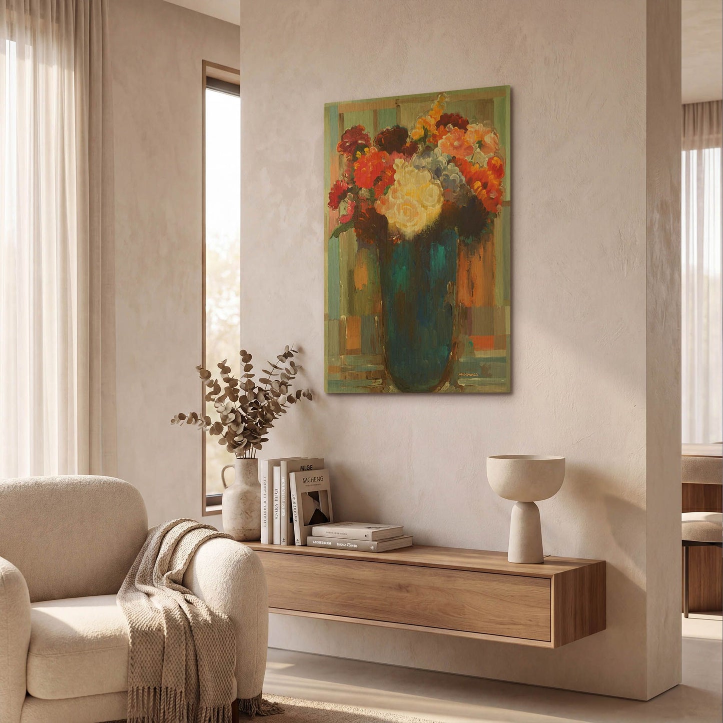 'Flowers in a Blue Vase' By Hooshang Khorasani Gold Metal Wall Art