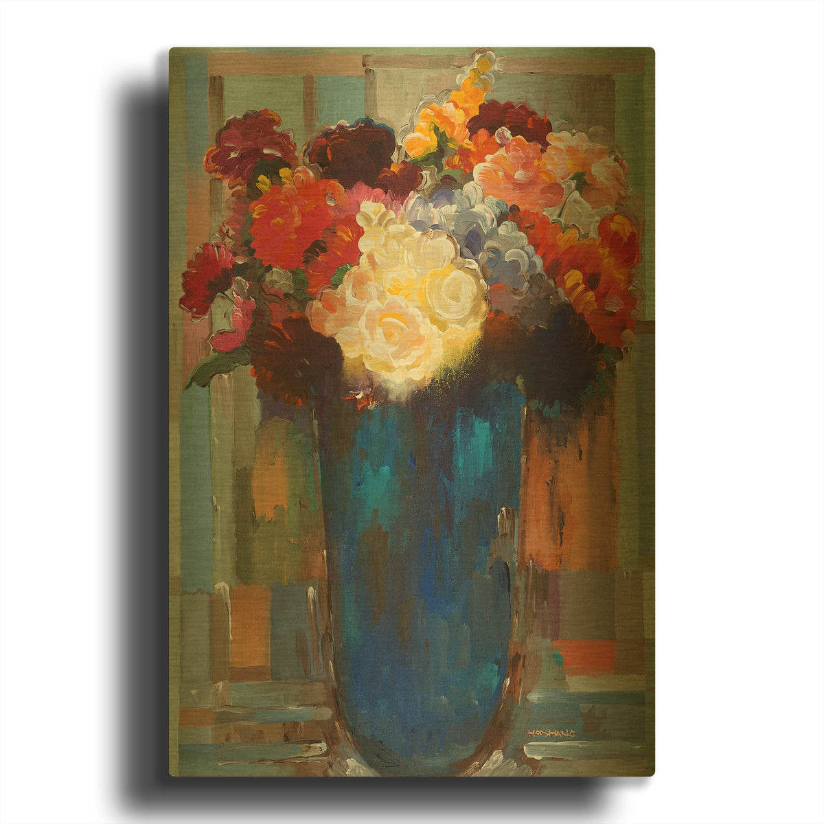 'Flowers in a Blue Vase' By Hooshang Khorasani Gold Metal Wall Art