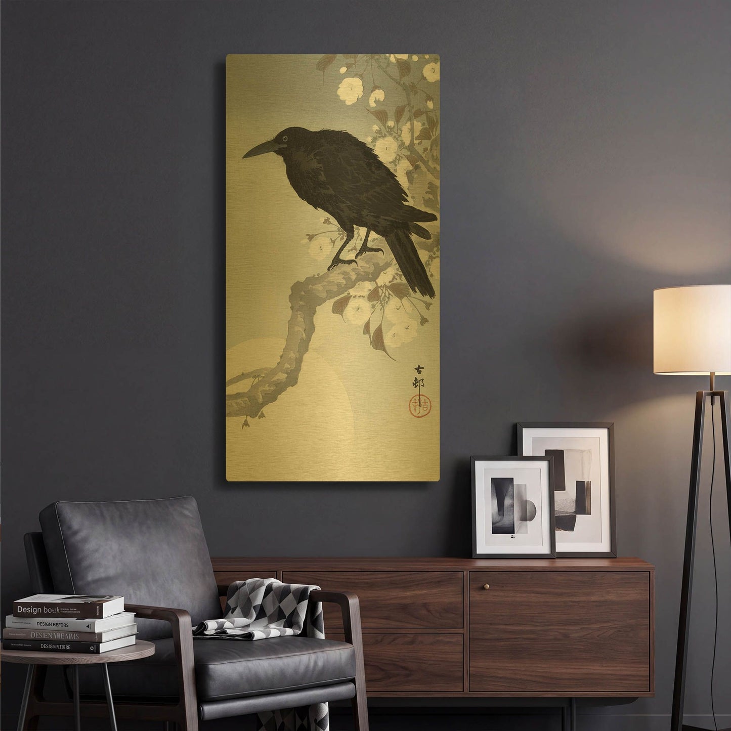 'Crow at Full Moon 1900-1930' By Ohara Koson Gold Metal Wall Art