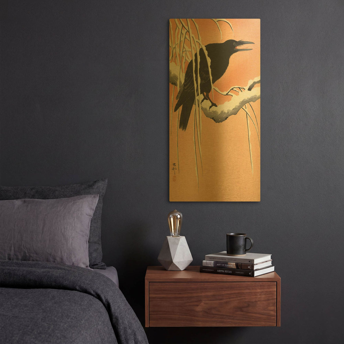 'Crow on a Snowy Bough 1900-1930' By Ohara Koson Gold Metal Wall Art