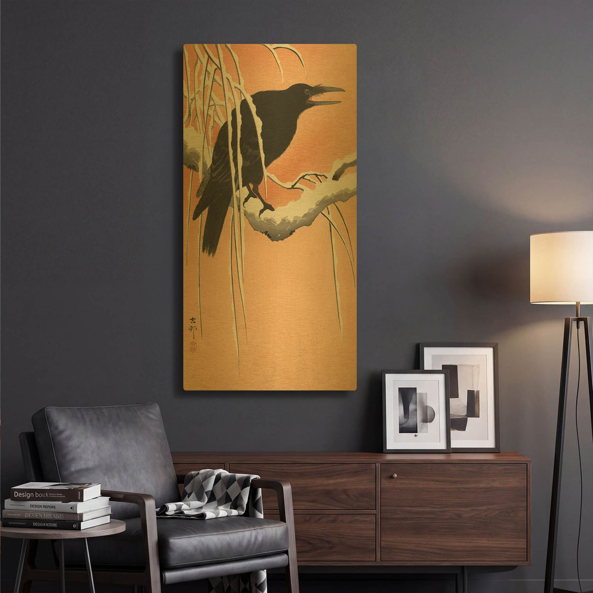 'Crow on a Snowy Bough 1900-1930' By Ohara Koson Gold Metal Wall Art