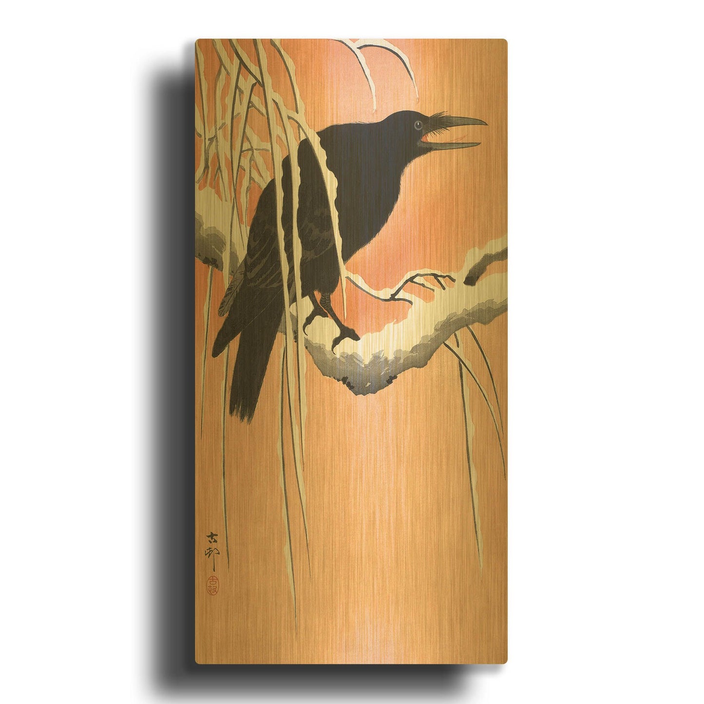 'Crow on a Snowy Bough 1900-1930' By Ohara Koson Gold Metal Wall Art