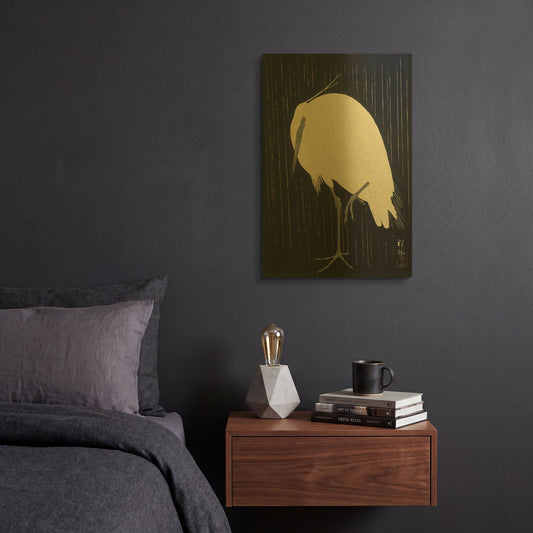 'Egret in the Rain 1925-1936' By Ohara Koson Gold Metal Wall Art