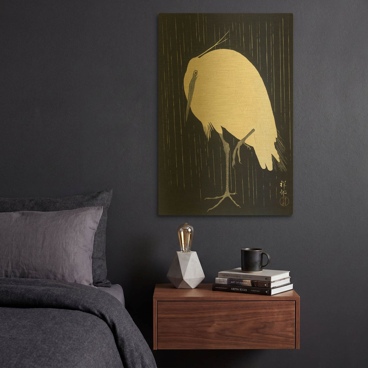 'Egret in the Rain 1925-1936' By Ohara Koson Gold Metal Wall Art