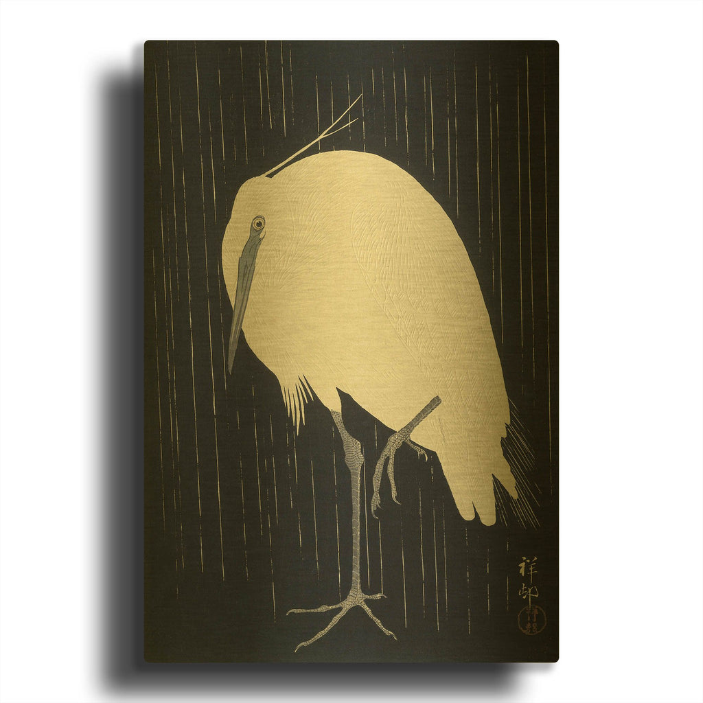 'Egret in the Rain 1925-1936' By Ohara Koson Gold Metal Wall Art