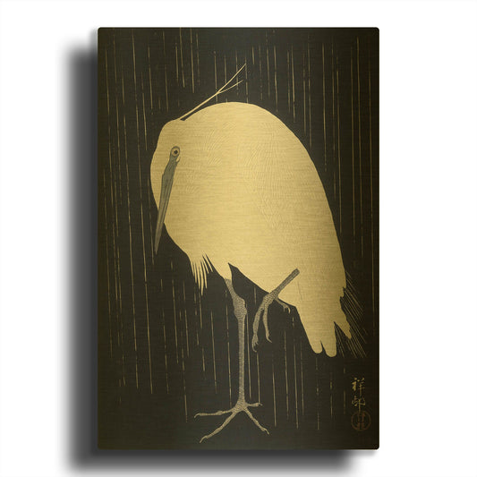 'Egret in the Rain 1925-1936' By Ohara Koson Gold Metal Wall Art