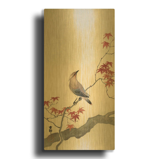 'Japanese Waxwing on Maple 1900-1936' By Ohara Koson Gold Metal Wall Art