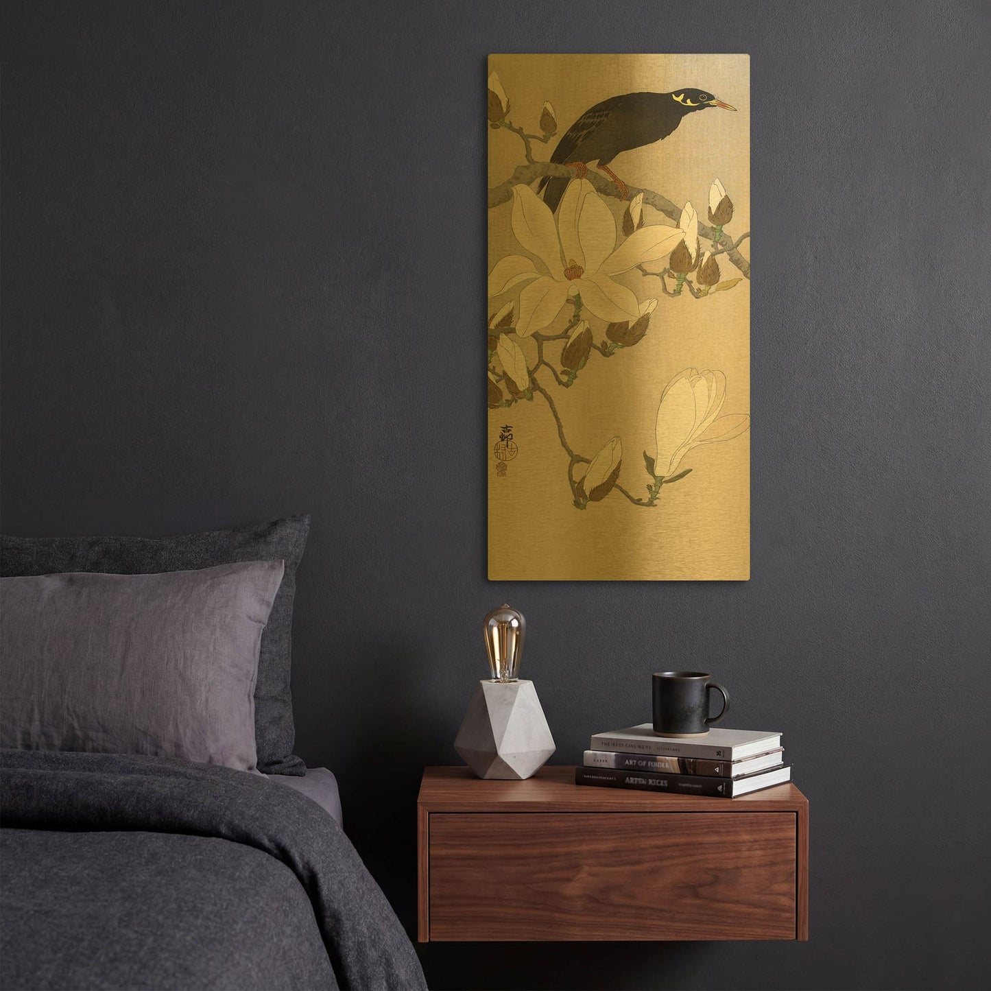 'Myna on Magnolia Branch 1900-1910' By Ohara Koson Gold Metal Wall Art