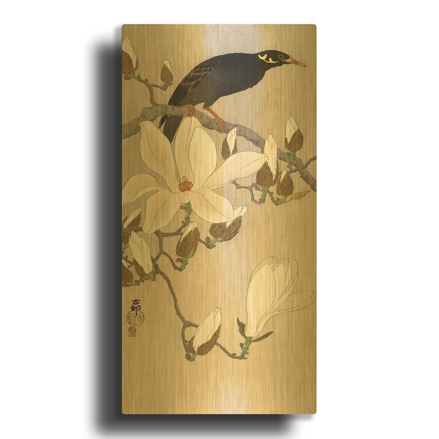 'Myna on Magnolia Branch 1900-1910' By Ohara Koson Gold Metal Wall Art