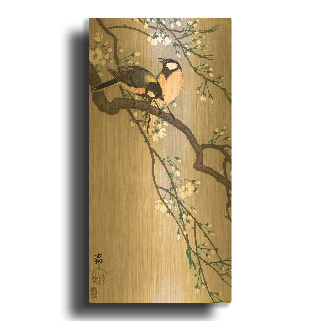 'Songbirds on Cherry Branch 1900-1910' By Ohara Koson Gold Metal Wall Art