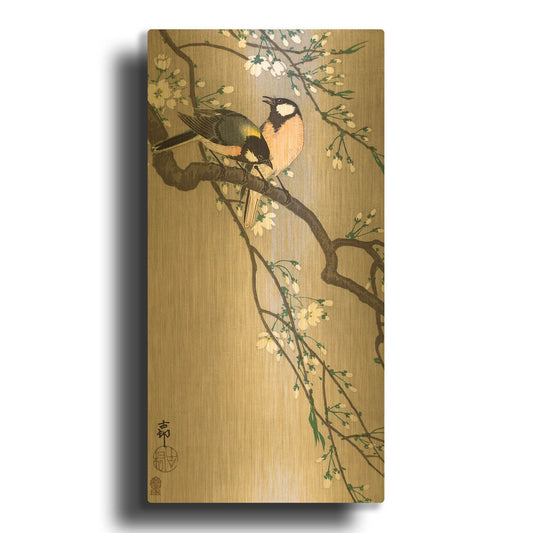 'Songbirds on Cherry Branch 1900-1910' By Ohara Koson Gold Metal Wall Art