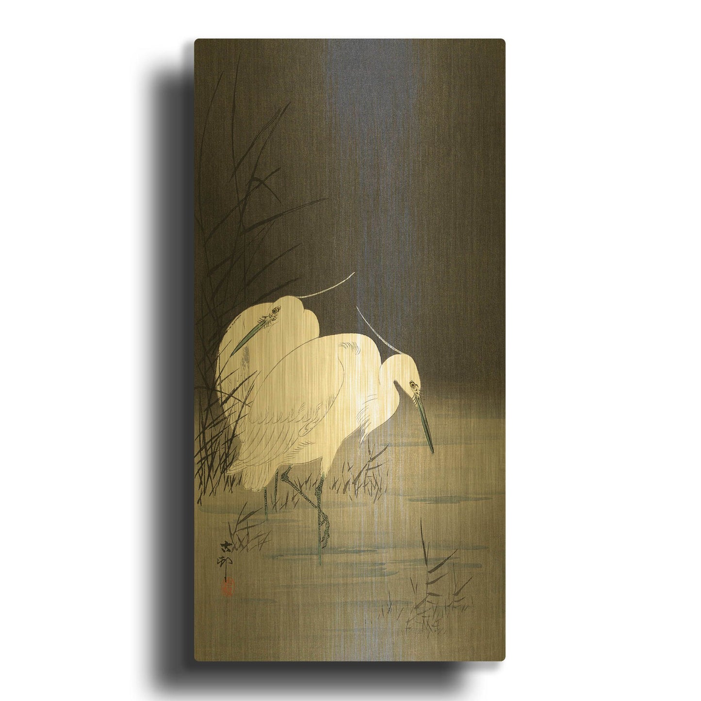 'Two Egrets in the Reeds 1900-1930' By Ohara Koson Gold Metal Wall Art