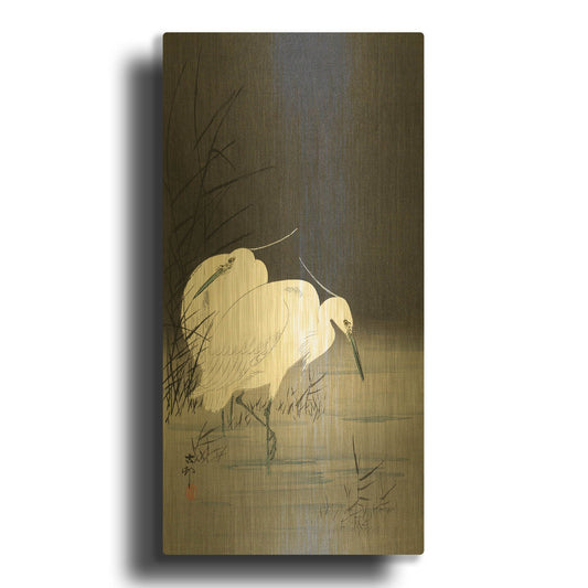 'Two Egrets in the Reeds 1900-1930' By Ohara Koson Gold Metal Wall Art