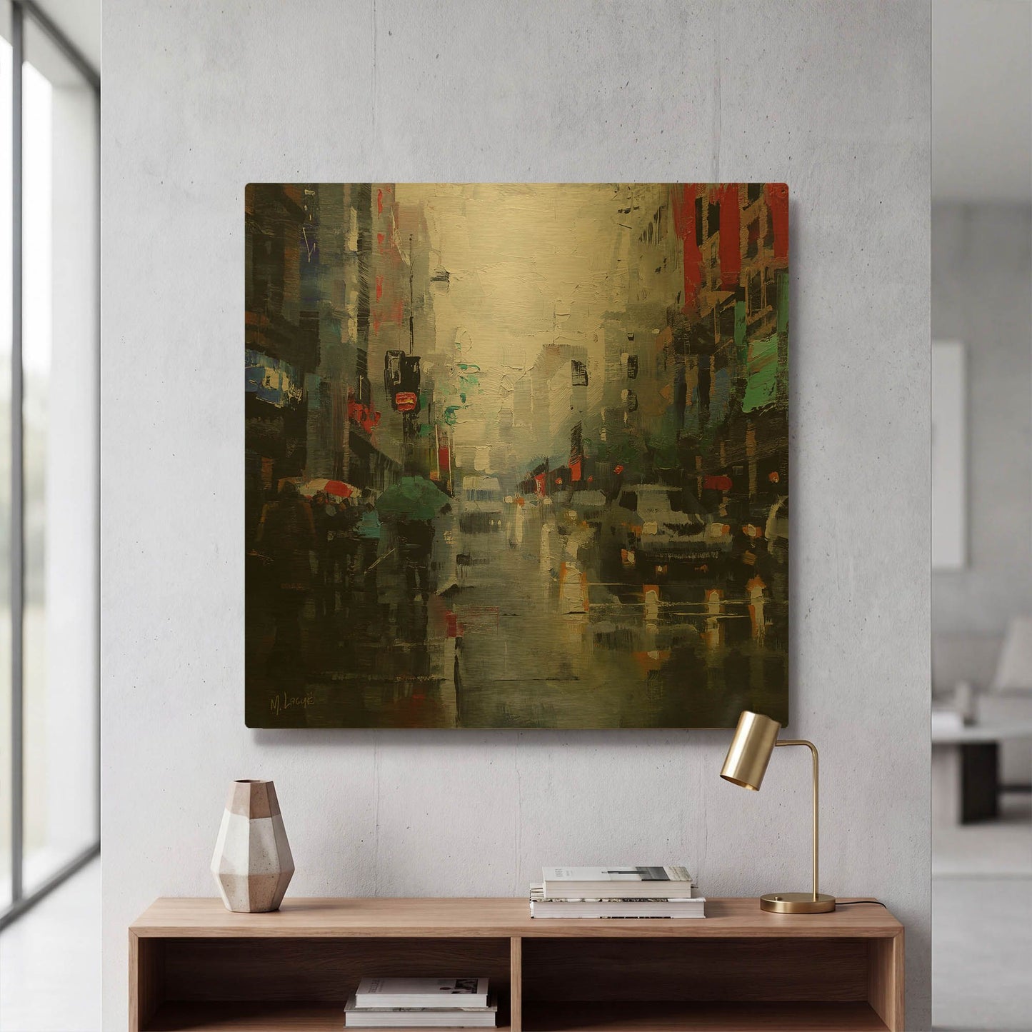 'St. Catherine Street Rain' By Mark Lague Gold Metal Wall Art