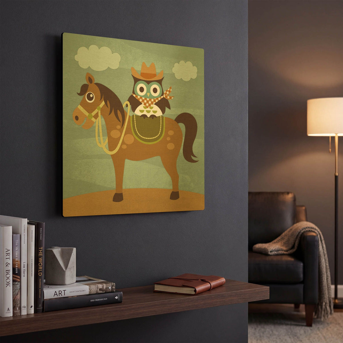 'Cowboy Owl on Horse' By Nancy Lee Gold Metal Wall Art