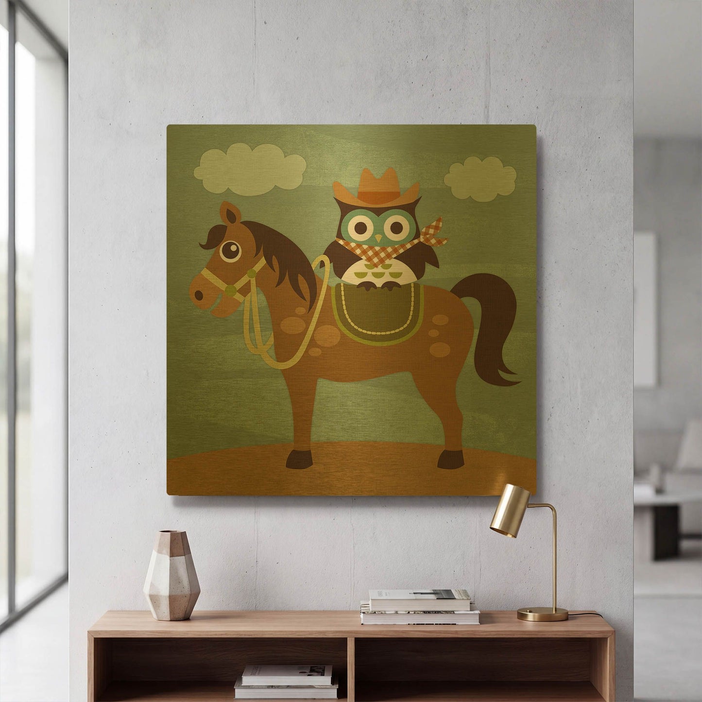 'Cowboy Owl on Horse' By Nancy Lee Gold Metal Wall Art