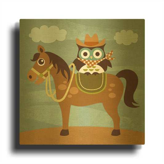 'Cowboy Owl on Horse' By Nancy Lee Gold Metal Wall Art