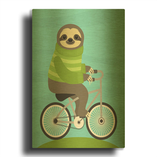 'Cycling Sloth' By Nancy Lee Gold Metal Wall Art
