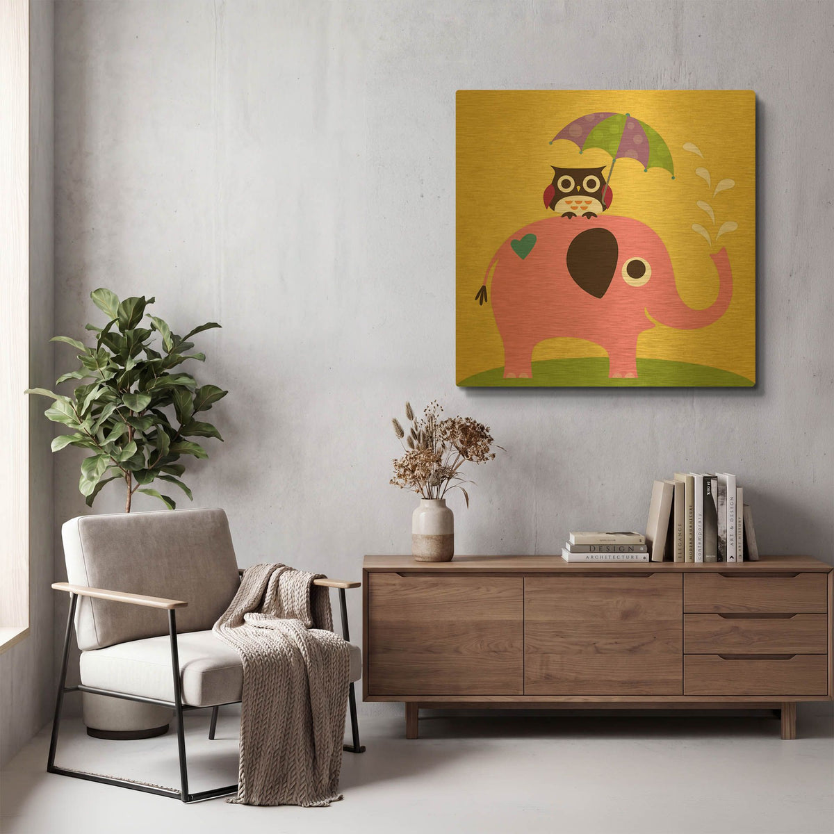 'Elephant and Owl with Umbrella' By Nancy Lee Gold Metal Wall Art