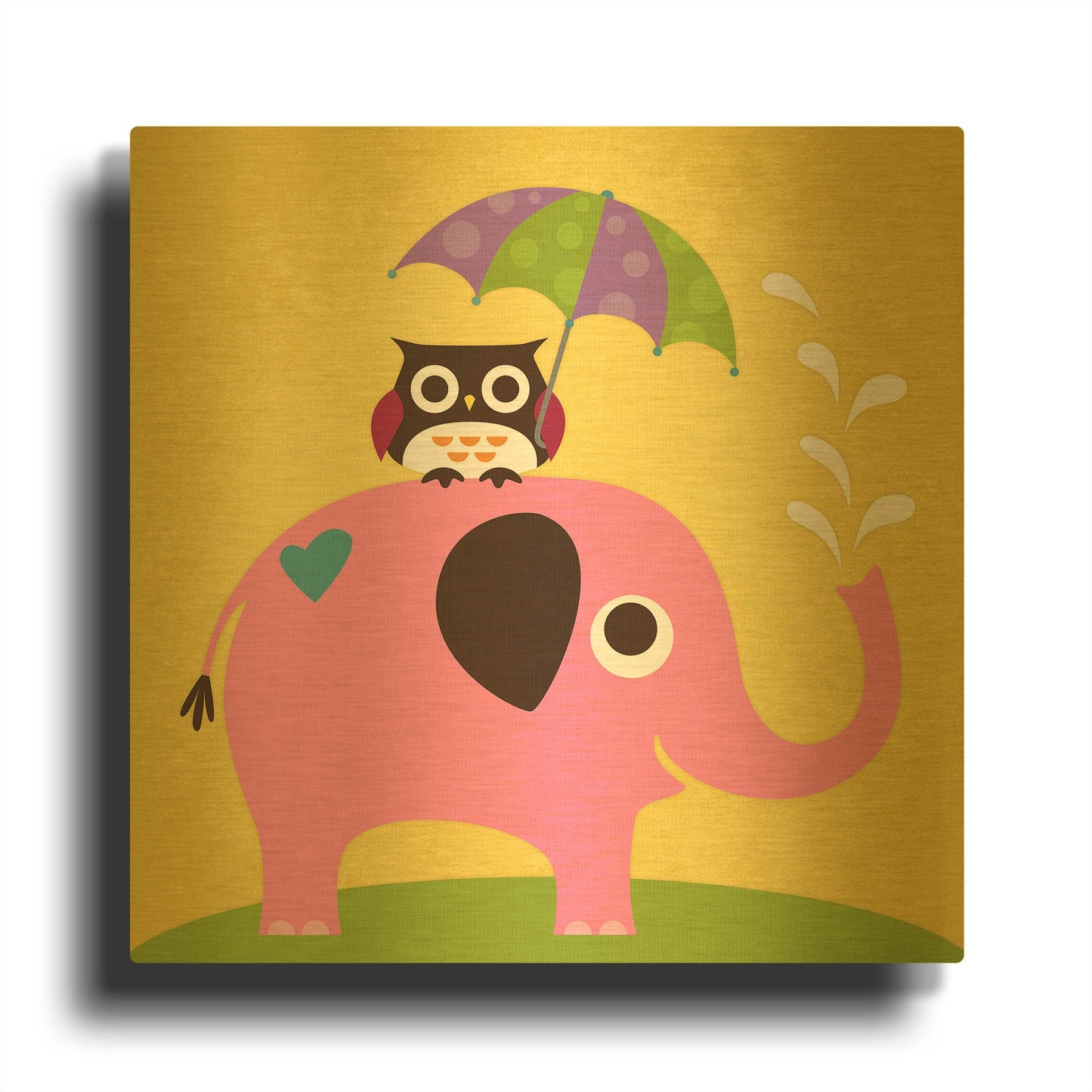 'Elephant and Owl with Umbrella' By Nancy Lee Gold Metal Wall Art