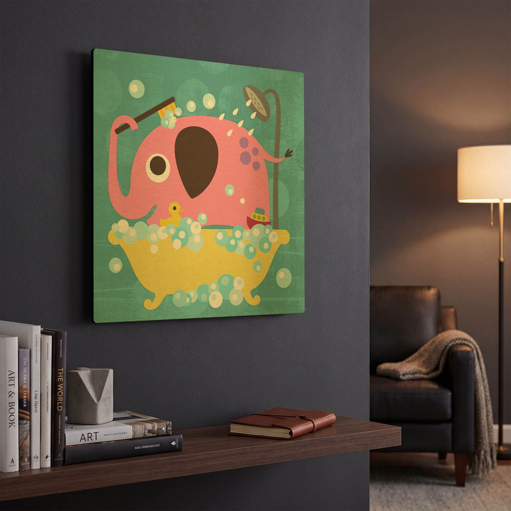 'Elephant in Bathtub' By Nancy Lee Gold Metal Wall Art
