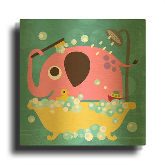 'Elephant in Bathtub' By Nancy Lee Gold Metal Wall Art