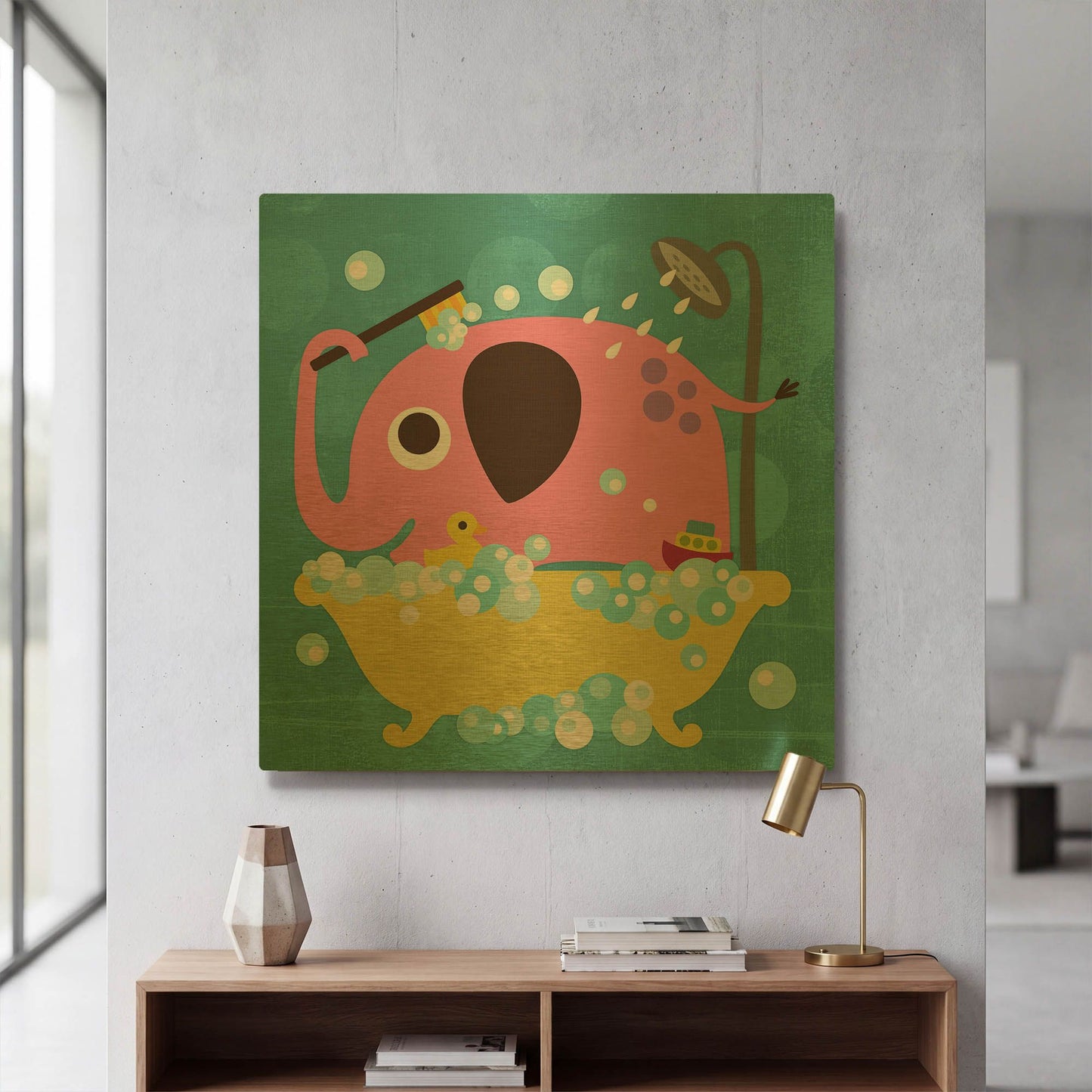 'Elephant in Bathtub' By Nancy Lee Gold Metal Wall Art