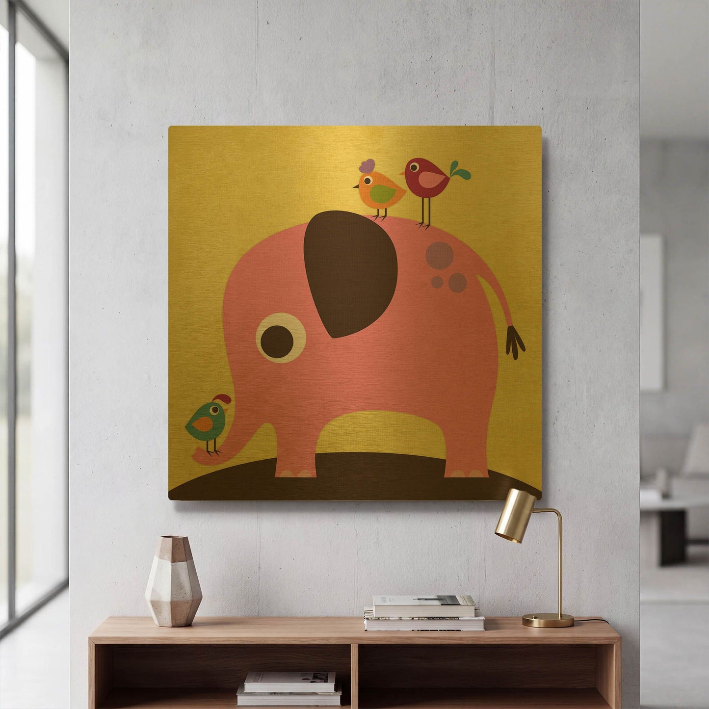'Elephant with Birds' By Nancy Lee Gold Metal Wall Art