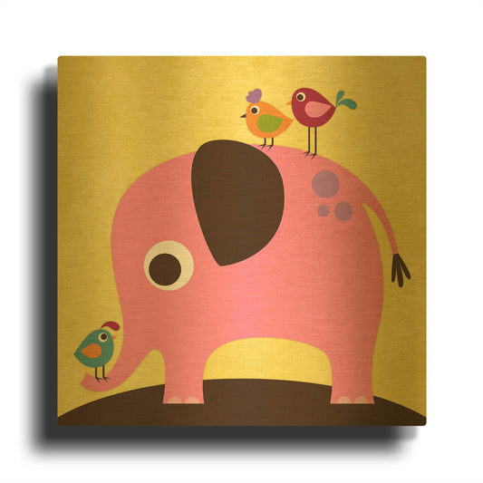'Elephant with Birds' By Nancy Lee Gold Metal Wall Art