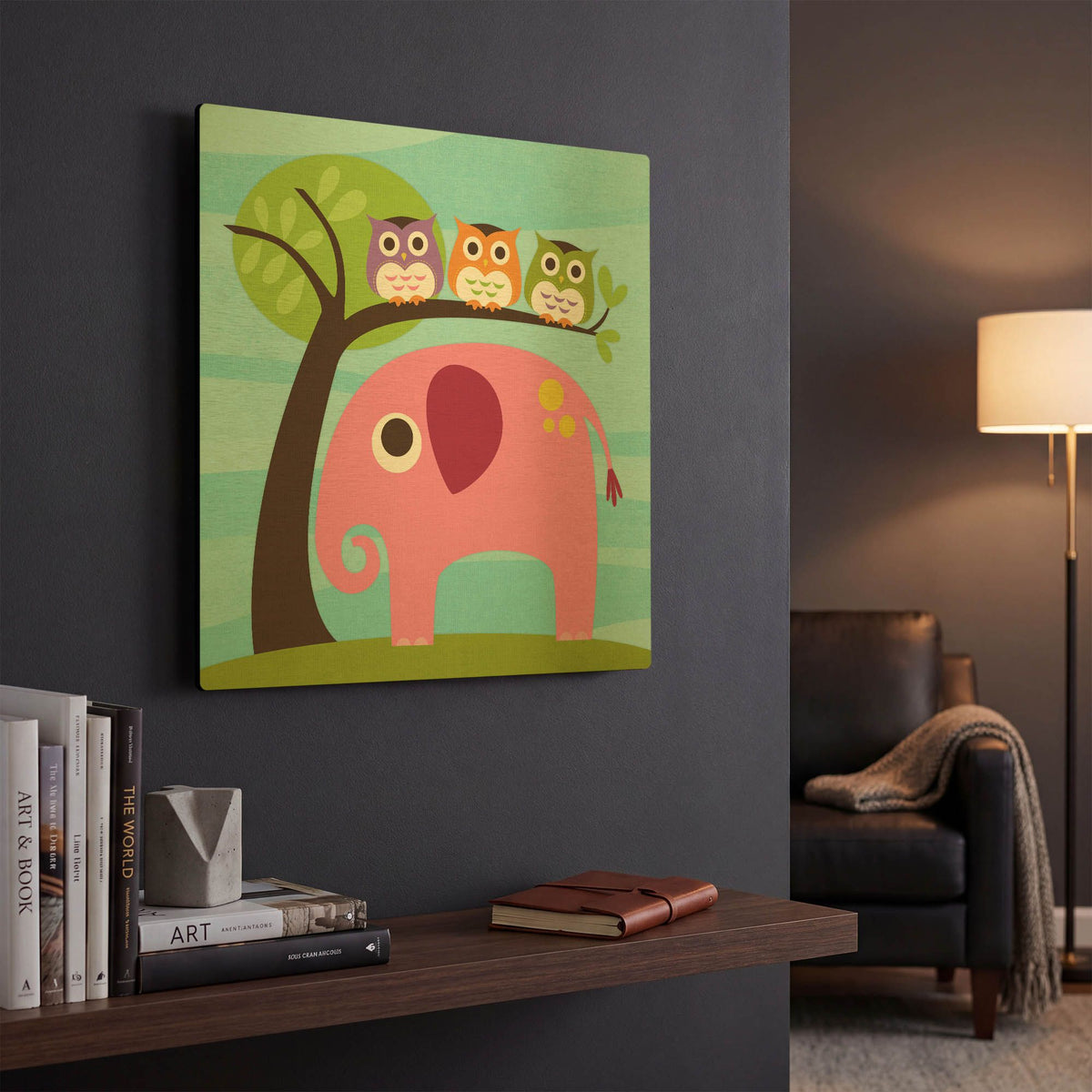 'Elephant with Three Owls' By Nancy Lee Gold Metal Wall Art