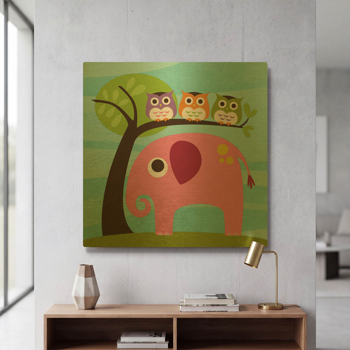 'Elephant with Three Owls' By Nancy Lee Gold Metal Wall Art