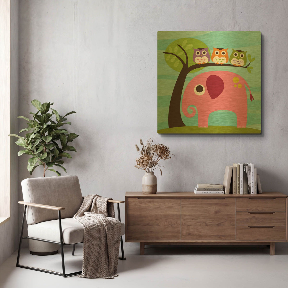 'Elephant with Three Owls' By Nancy Lee Gold Metal Wall Art