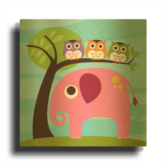 'Elephant with Three Owls' By Nancy Lee Gold Metal Wall Art