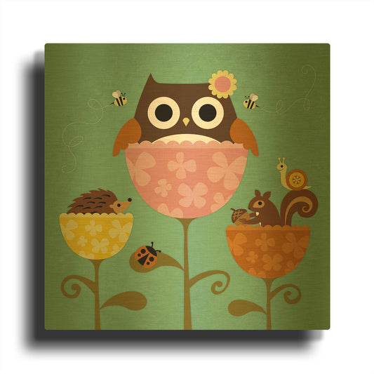 'Owl Squirrel and Hedgehog in Flowers' By Nancy Lee Gold Metal Wall Art