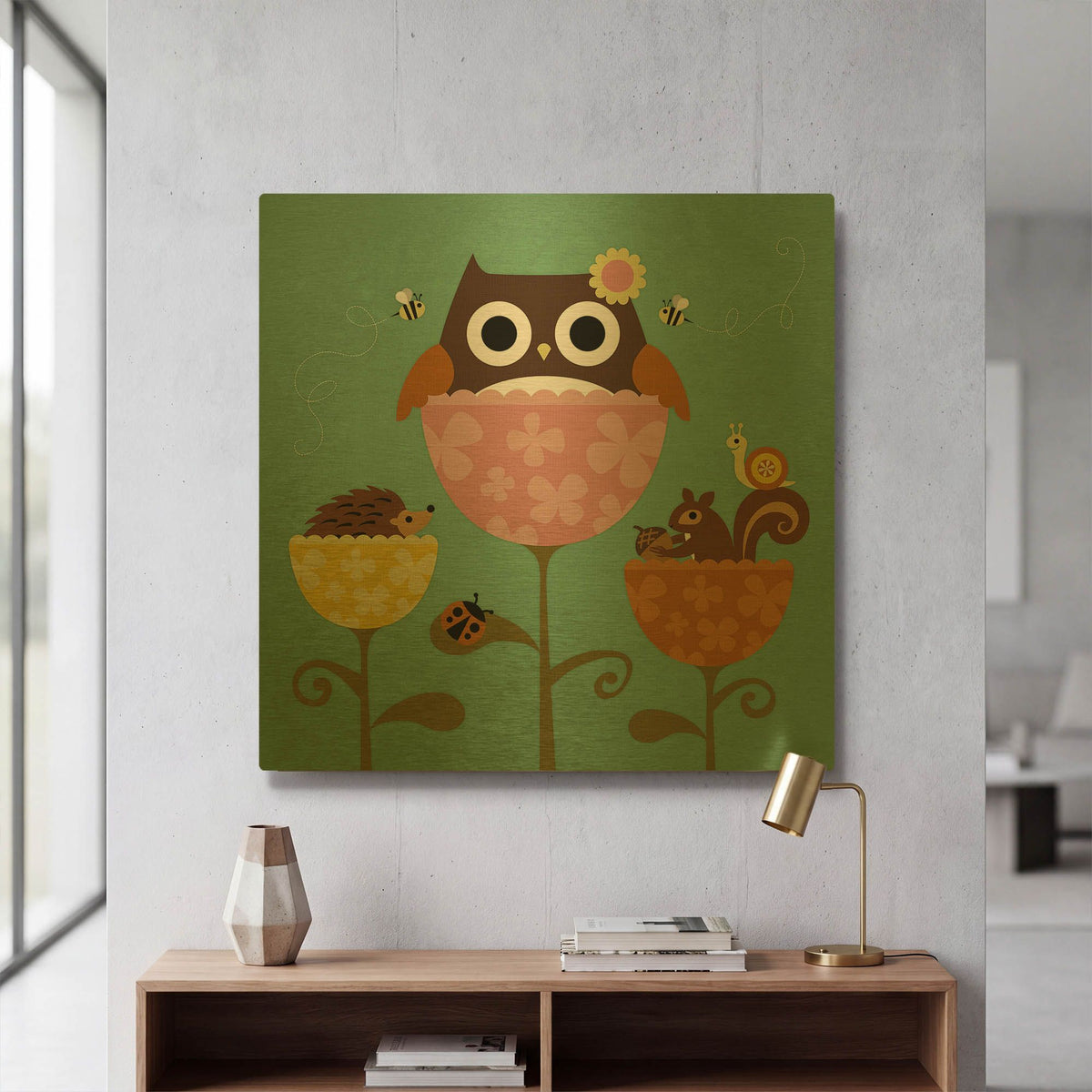 'Owl Squirrel and Hedgehog in Flowers' By Nancy Lee Gold Metal Wall Art