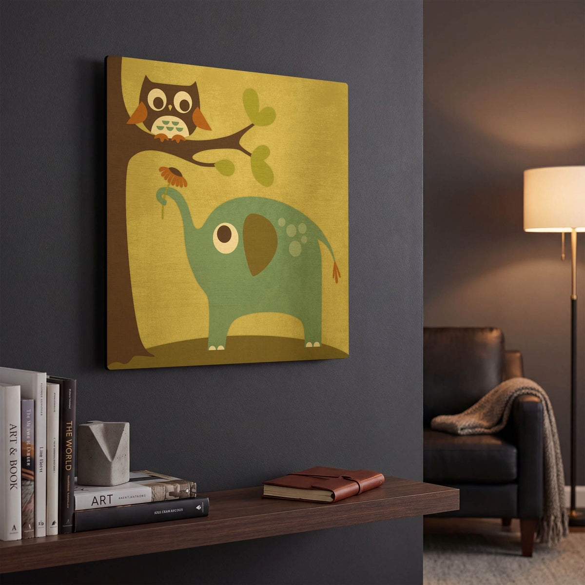'Owl and Elephant' By Nancy Lee Gold Metal Wall Art
