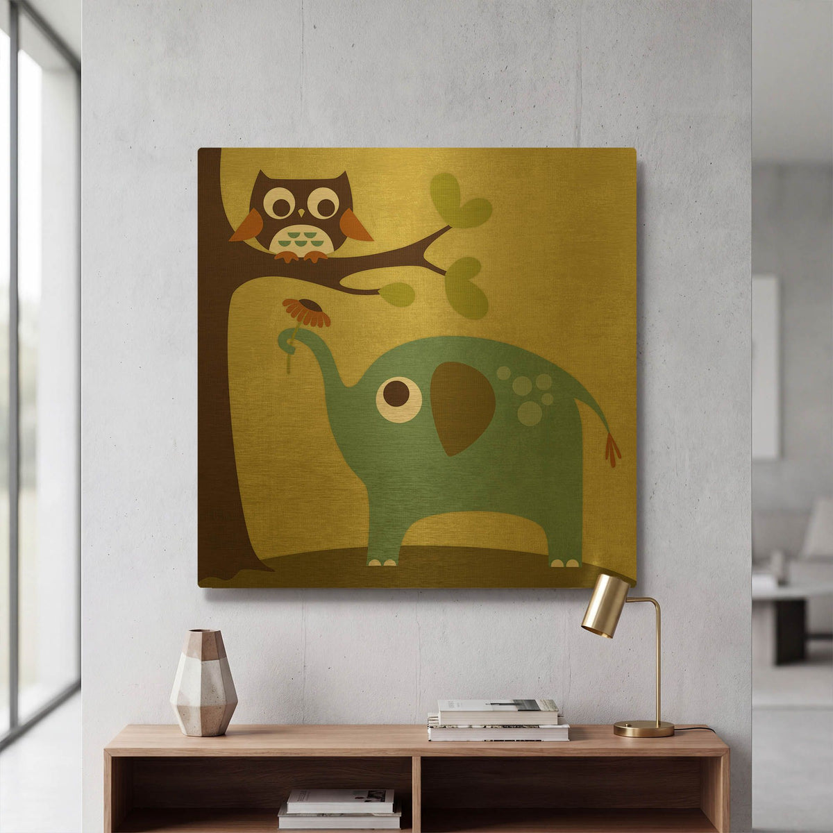 'Owl and Elephant' By Nancy Lee Gold Metal Wall Art