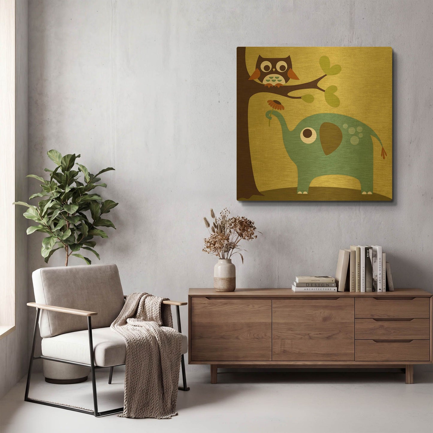 'Owl and Elephant' By Nancy Lee Gold Metal Wall Art