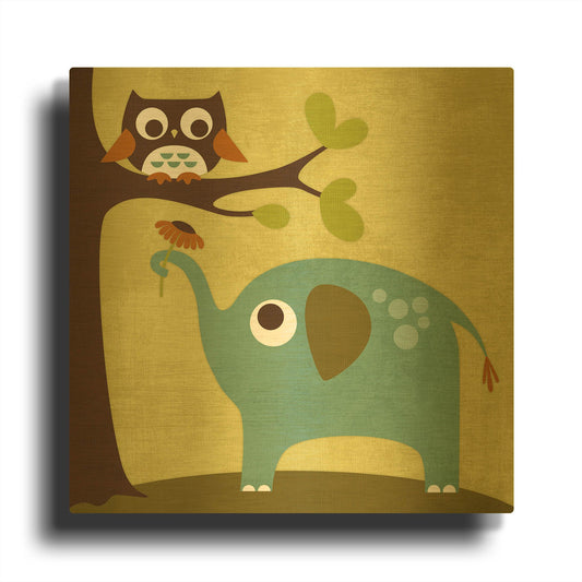 'Owl and Elephant' By Nancy Lee Gold Metal Wall Art