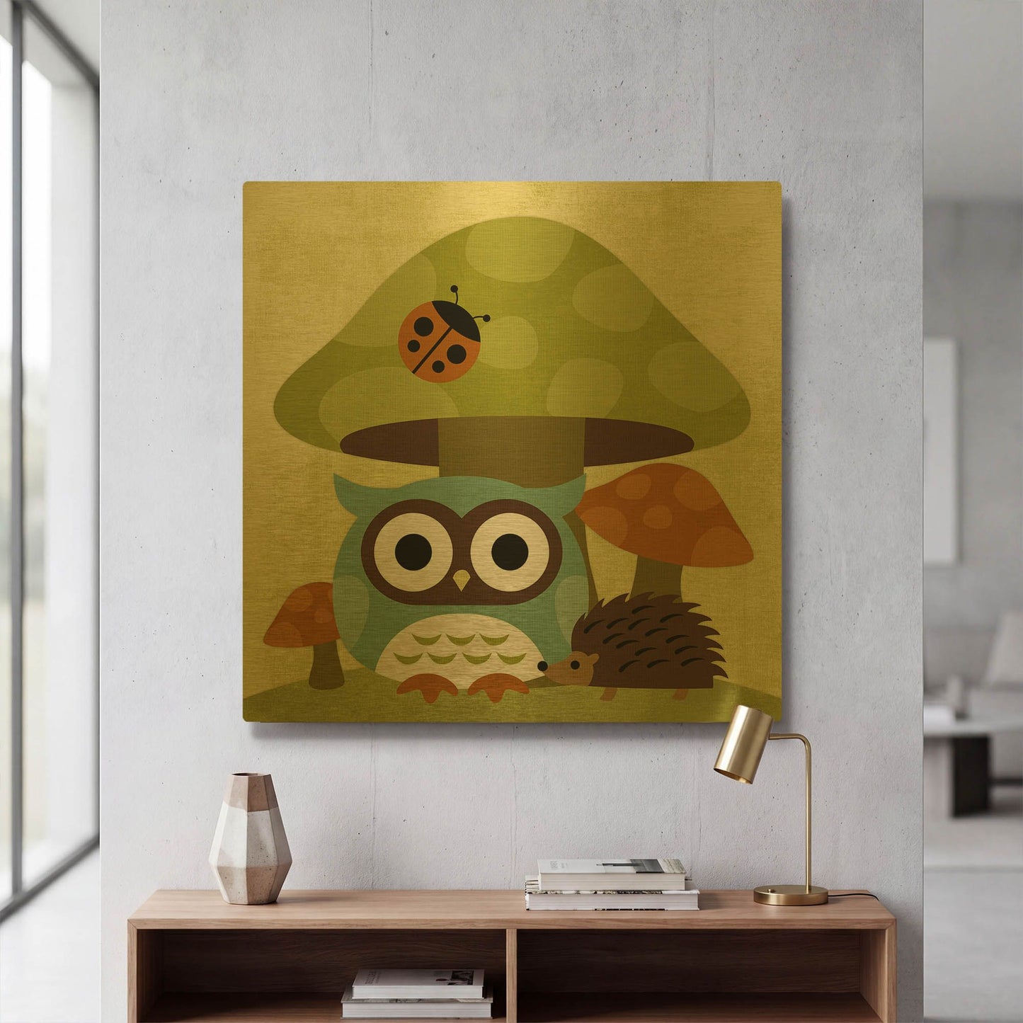 'Owl and Hedgehog' By Nancy Lee Gold Metal Wall Art