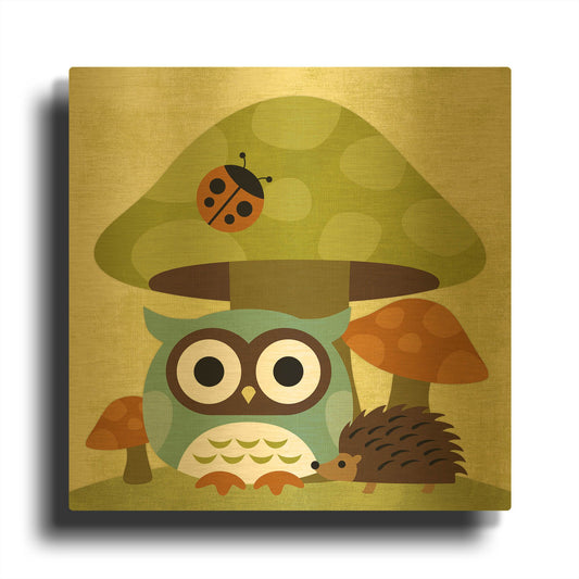 'Owl and Hedgehog' By Nancy Lee Gold Metal Wall Art