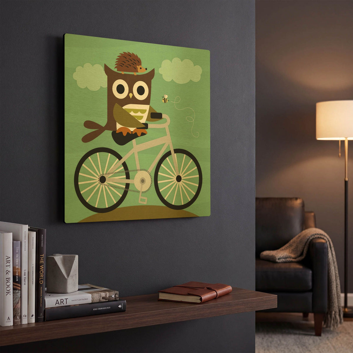 'Owl and Hedgehog on Bicycle' By Nancy Lee Gold Metal Wall Art